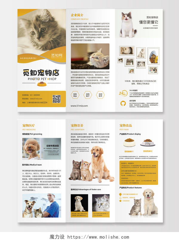 可爱黄色宠物店动物宣传折页